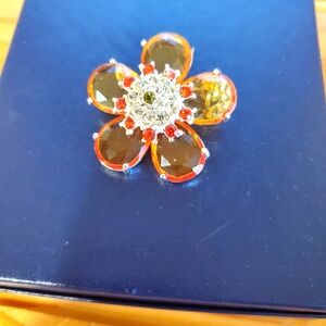 Elegant Floral Orange Crystal Brooch